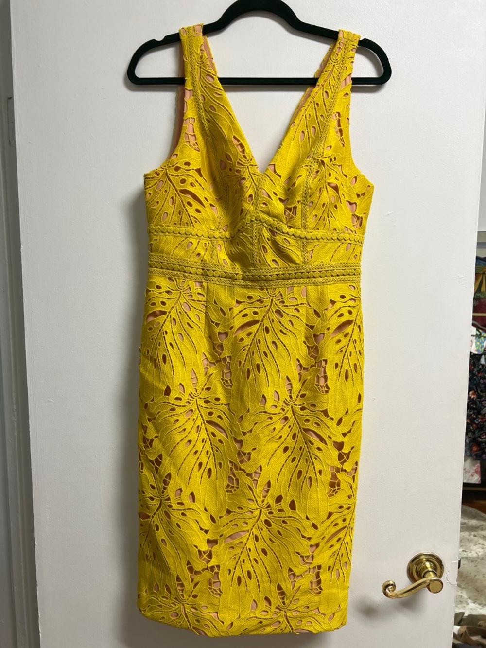 Anthropologie Yellow Lace V-Neck Fitted Midi Dress Blush Lining Medium 8